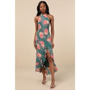 NWT Lulus Elegant Entrance Teal Green Floral Print Halter Maxi Dress Hi Low Sz L